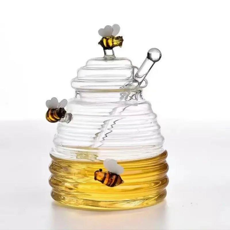 Honeycomb Design Bee Glass Honey Jar with Lid Dipper Stick Creative Kitchen Storage Container for Home Dining Table Decor