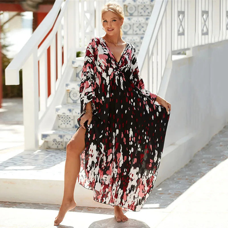 Plus Size Womens Animal Print Kaftan Dresses Caftans Swimwear Coverups Summer Bathing Suit Long Beach Dress