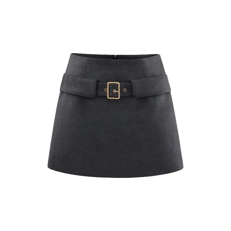 Women Lady A-Line Mini Skirt Winter Autumn Elegant Slim Short Skirt Female Bottom with Textured Finish Chic Belt Detail Outfit