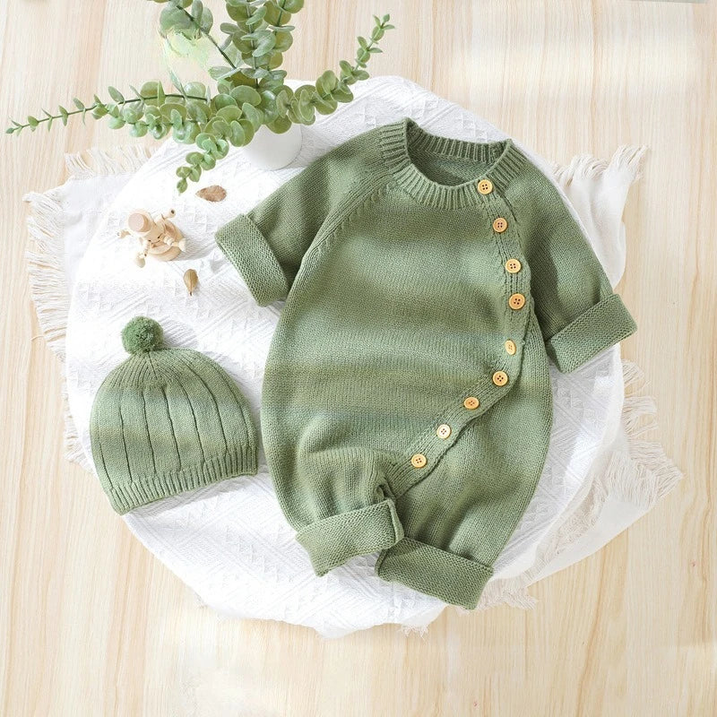 Personalized Embroidered Baby Romper Set: Newborn Cotton Knit Bodysuit & Hat Suit Baby Onesie Home Outfit Warm for Newborn