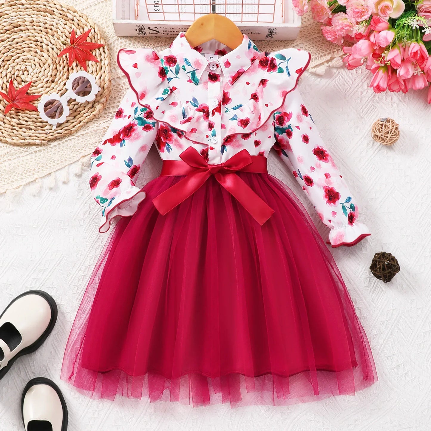 New Autumn Kids Girls Dress Long Sleeve Spring Gauze Belt Children Dress Soft Ventilate Cute Comfort Girls Clothing 2-7 Years