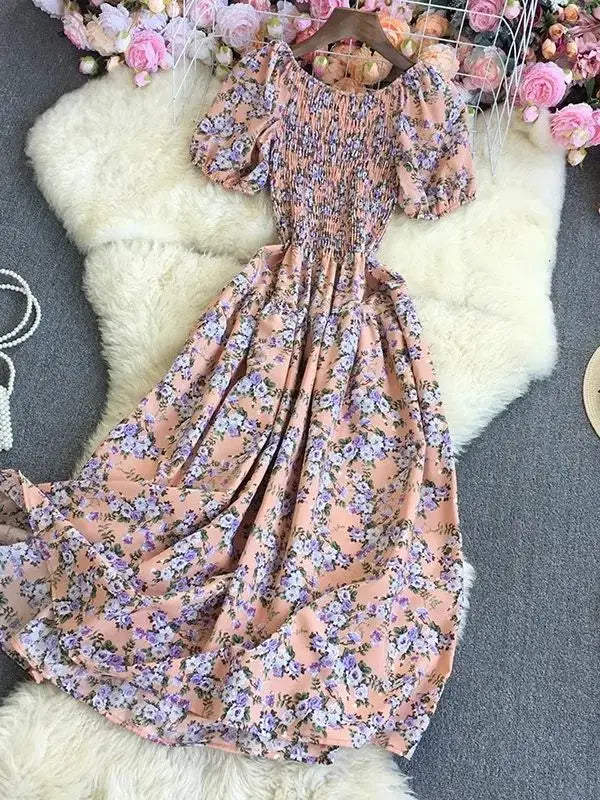Beach Vacation Floral Print Dress Women Puff Sleeve Square Collar High Waist Dresses Korean Fashion Party Long Dress