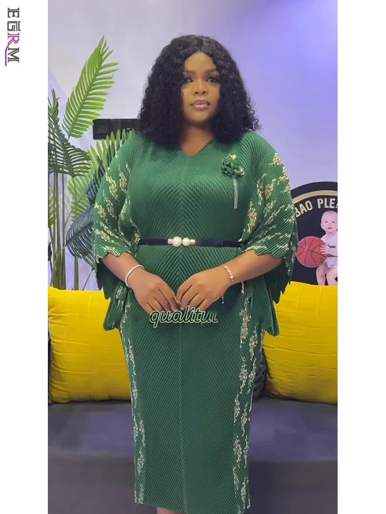 EGRM High-end Pleated Dresses For Women Traditional Clothing Batwing Sleeve V-neck Print Gown Maxi Long Dress 2025 New 7R6192