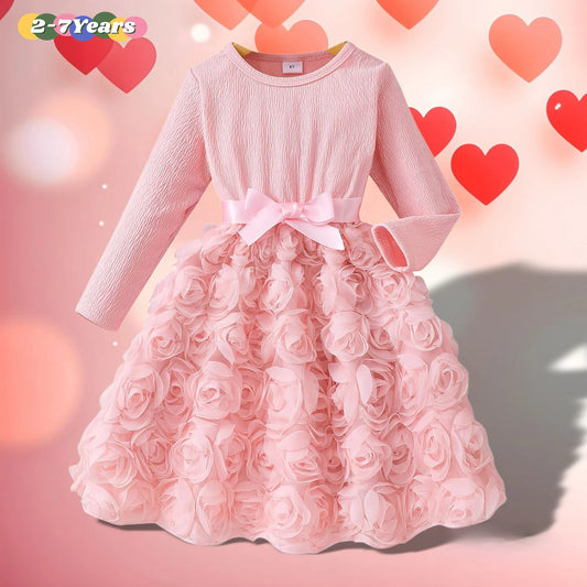 Kids Girls Dress Long Sleeve Spring Autumn Pink Gauze Rose Belt Children Dress Elegant Comfort Sweet Cute Girls Clothing 2-7Y
