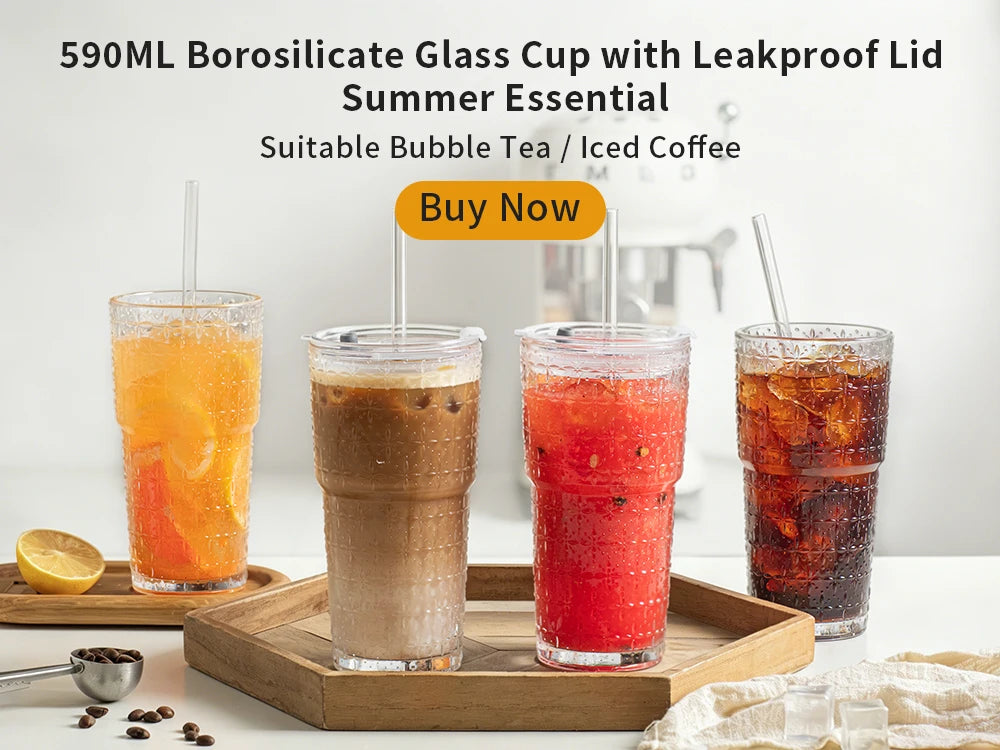 600ML Stripe Glass Coffee Cup With Lid and Without Cover Straw Transparent Drinking Glasses for Juice Iced Coffee Mugs Drinkware