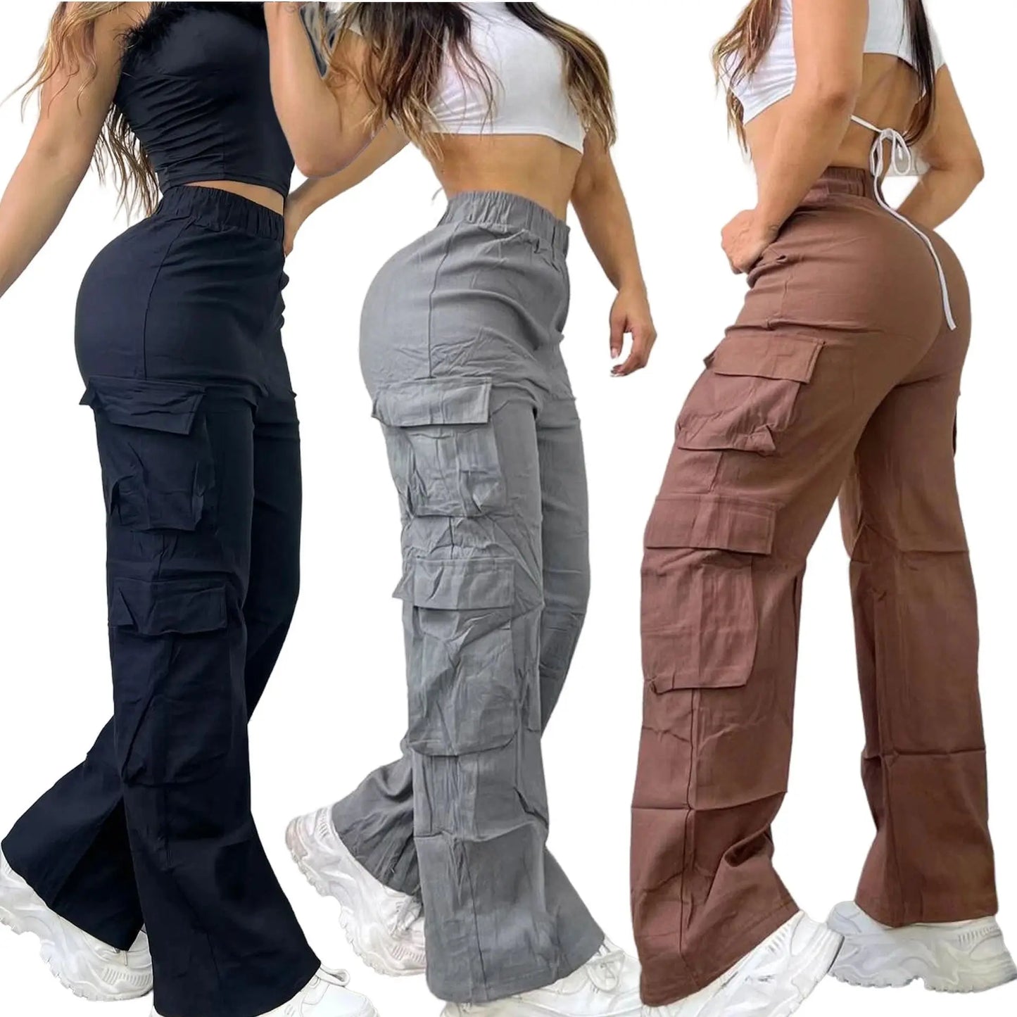 Women's Wide Leg Casual Work Pants Multi ket High Waist PVC Fabric Mid-aged Faion Trend High-waist No Stretch