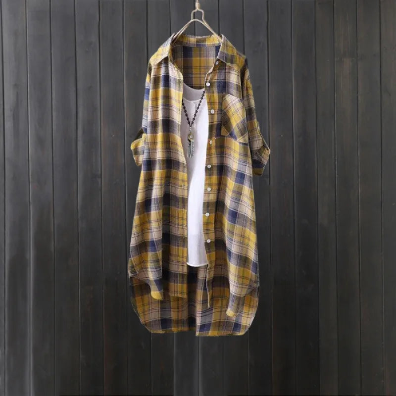 Plaid shirt women's long spring and autumn thin coat Western style long-sleeved shirt loose butt-covering cotton and linen top
