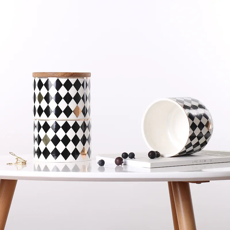 Household Ceramic Sealed Tank Creative Grain Storage Tank Kitchen Storage Box Coffee Wooden Lid Sealed Tea Storage Supplies