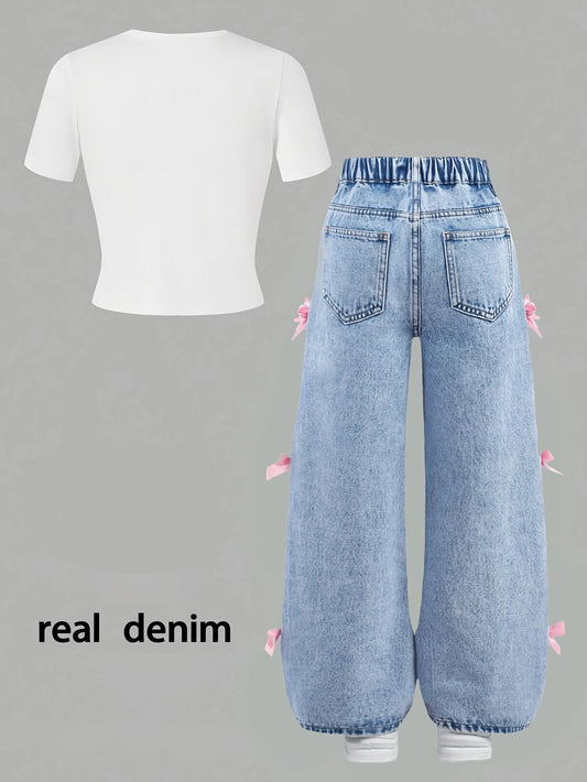 Youthful Girl Summer Bow Print Short Sleeve Bow Tie Jeans Two-Piece Set Comfortable Full Elastic Waistband