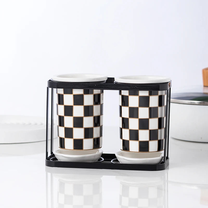 Checkerboard Ceramic Chopsticks Holder Drain Rack Chopsticks Basket Chopsticks Box Cutlery Box Storage Rack Wall-mounted Shelf
