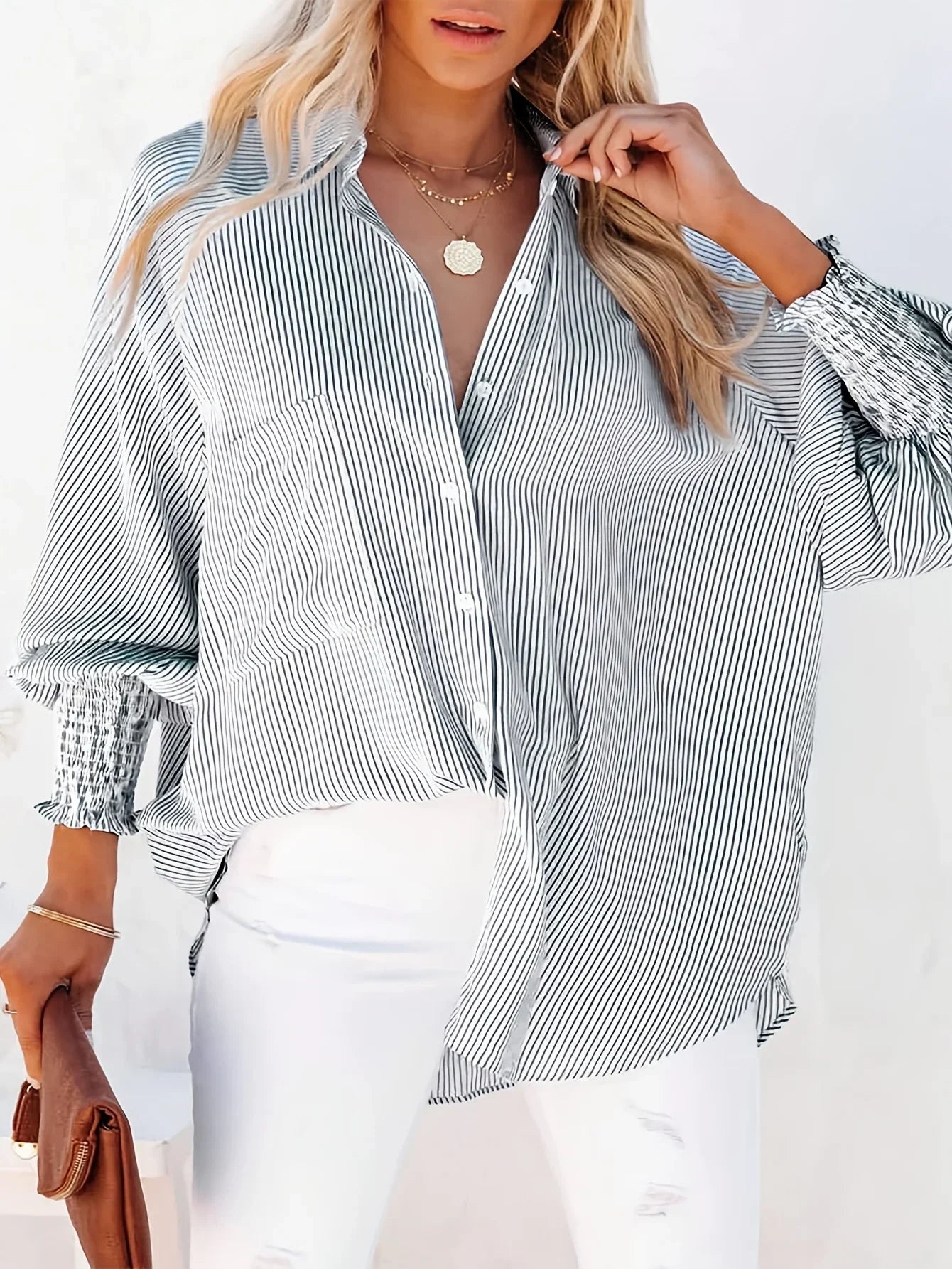 Plus Size 1XL-5XL Women's Casual Striped Breathable Blouse Shirt Ladies Fashion V-neck Button-down Long Sleeve Loose Shirt Top