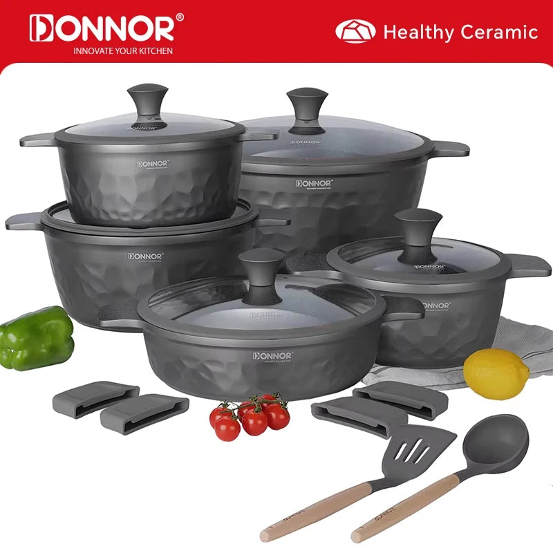 DONNOR 16Pcs Stockpot with Lid Kitchen Induction Cookware Set Multipurpose Stock Pot for Stew Simmering Soup Pot JT450