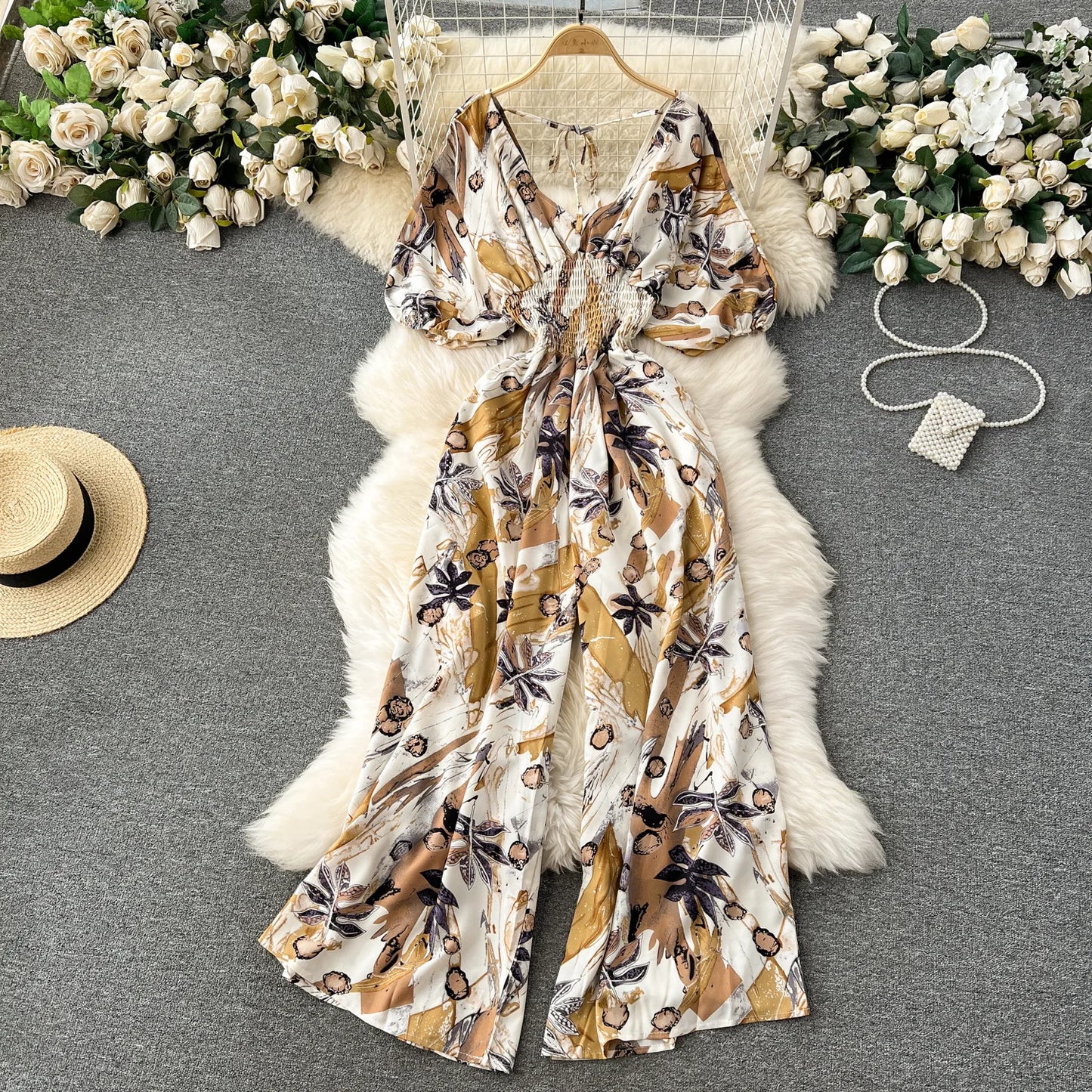 V Neck Sexy Dolman Sleeves Waist Slim Polka Dot Print Jumpsuit Women Wide Leg Trousers Jumpsuit