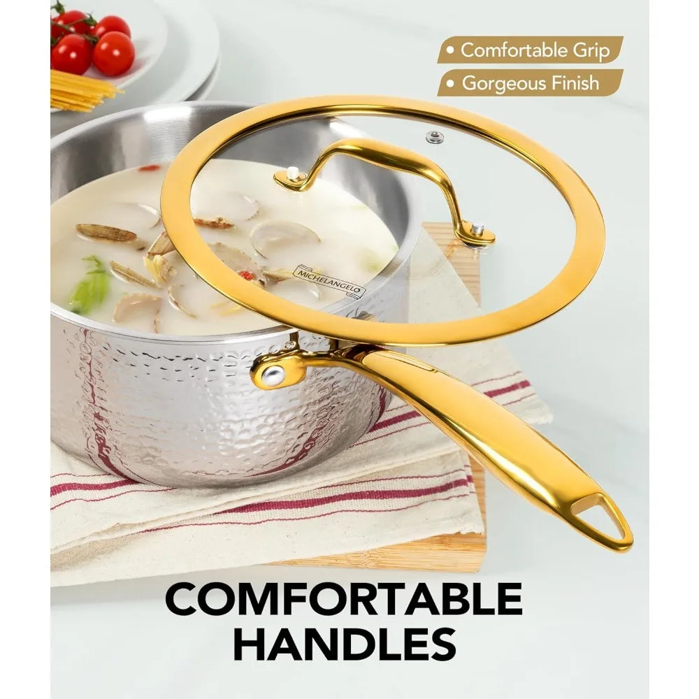MICHELANGELO Hammered Stainless Steel 10 Piece Cookware Set With Gold Handle Induction Compatible Oven Safe Kitchen Pot