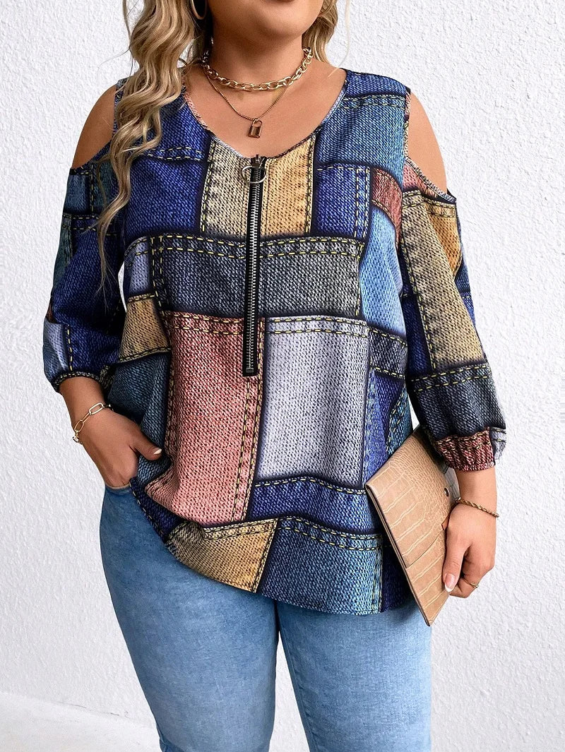 Plus Size Women's Autumn And Winter Fashion New Long Sleeve Zipper Decoration Off-The-Shoulder Printed Plaid Loose