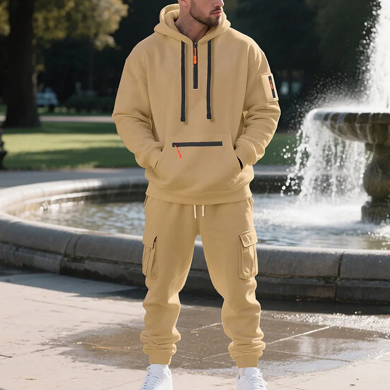 Men's sports suit style autumn and winter fleece men's casual sportswear zipper sweater multi-pocket work pants suit