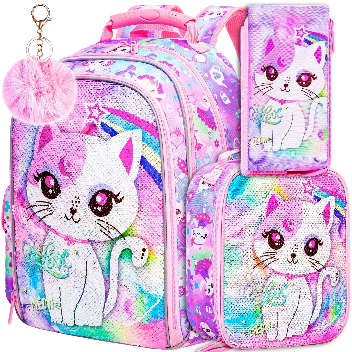 3PCS Girls Backpack, 16”Kids Cat Sequin Bookbag with Lunch Box, Water Resistant School Bag for Elementary Preschool Toddler