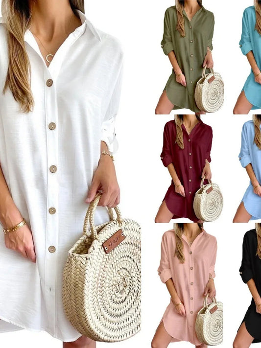 Women's Long Sve Collar Button up irt Dr High Waist Skirt Sle Casual Faion Polyester Fabric Iron Free Summer Dr