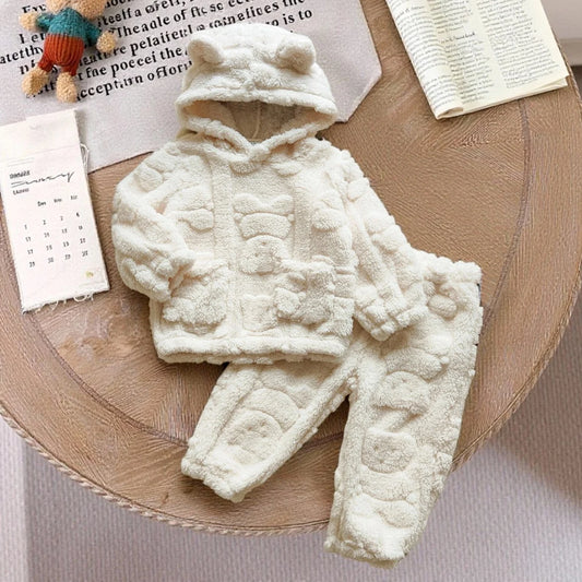 Baby Girls Cotton Clothing Sets Autumn Winter Boys Coral Fleece Warm Cartoon Sweatshirt Hooded+Pants 2PCS Outfit Suit 1-3 Years