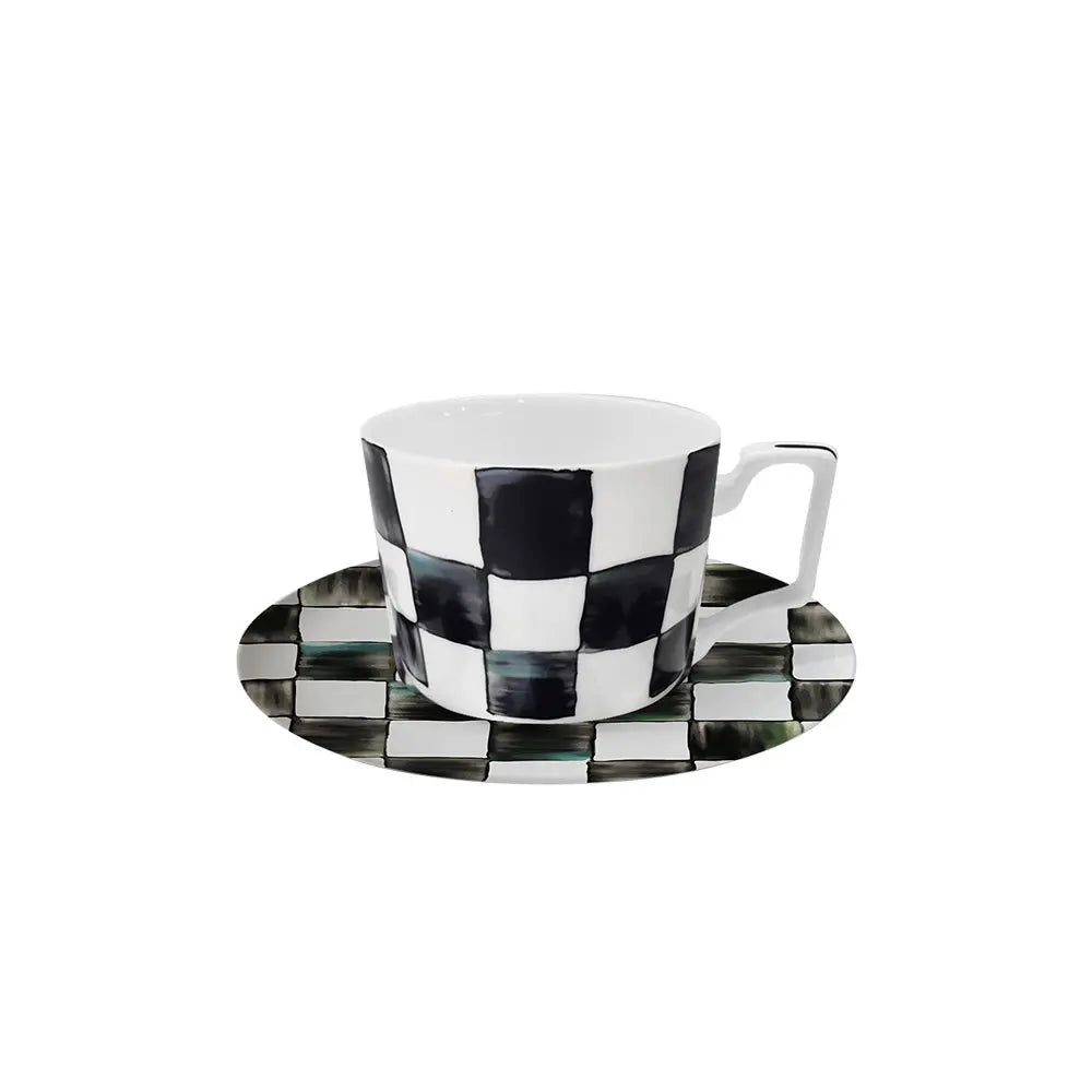 Black White Checkerboard Ceramic Dinner Plate Bone China Coffee Cup and Saucer Western Food Dishes Home Elegant Tableware Mug