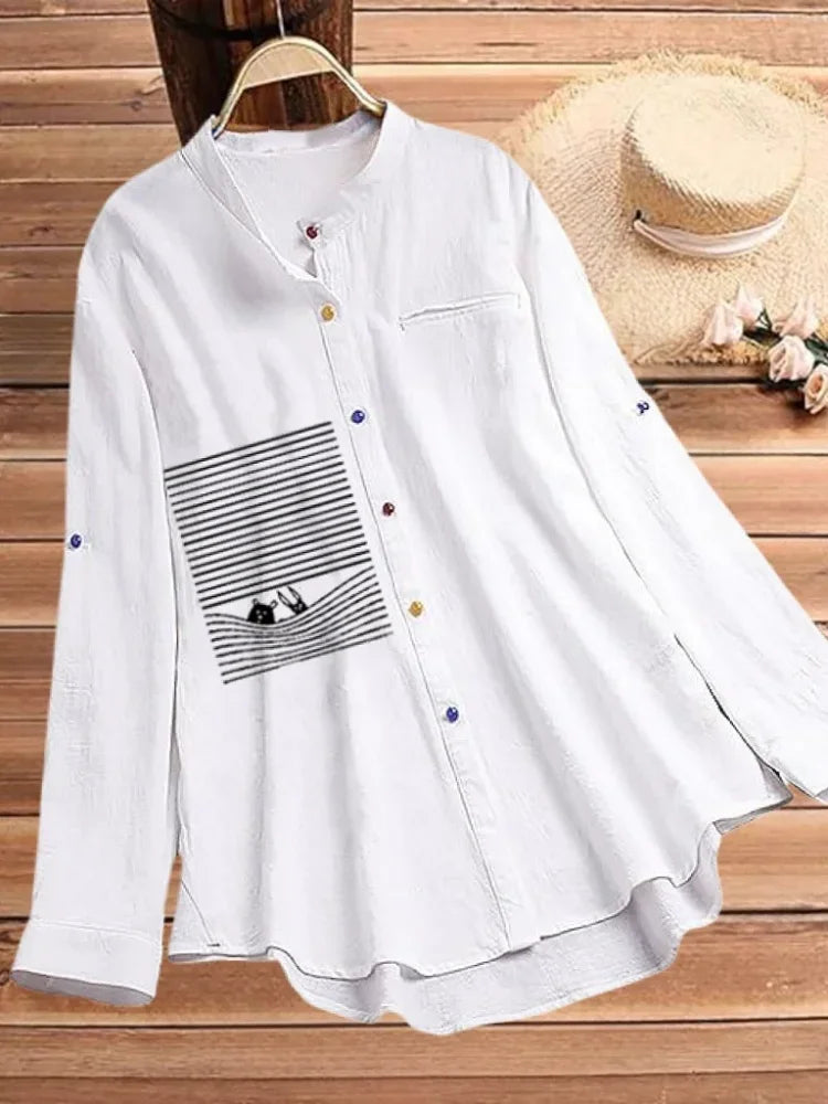 Plus Size in-Stock Best-Seller Simple Tops New Chic Printing Shirt Versatile Stand Collar Colorful Breathable Office Clothing
