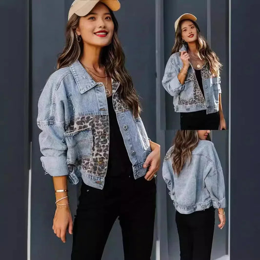 Cross-Border Amazon Denim Jacket Women's Long Sleeve Standalone European and American Style Denim Coat Women's Leopard Printed