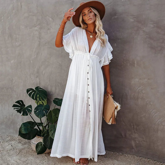 Womens Plus Size Swimsuit Cover Up Deep V Neck Bathing Suit Swimwear Bikini Coverup Long Split Kaftan Kimono Dress