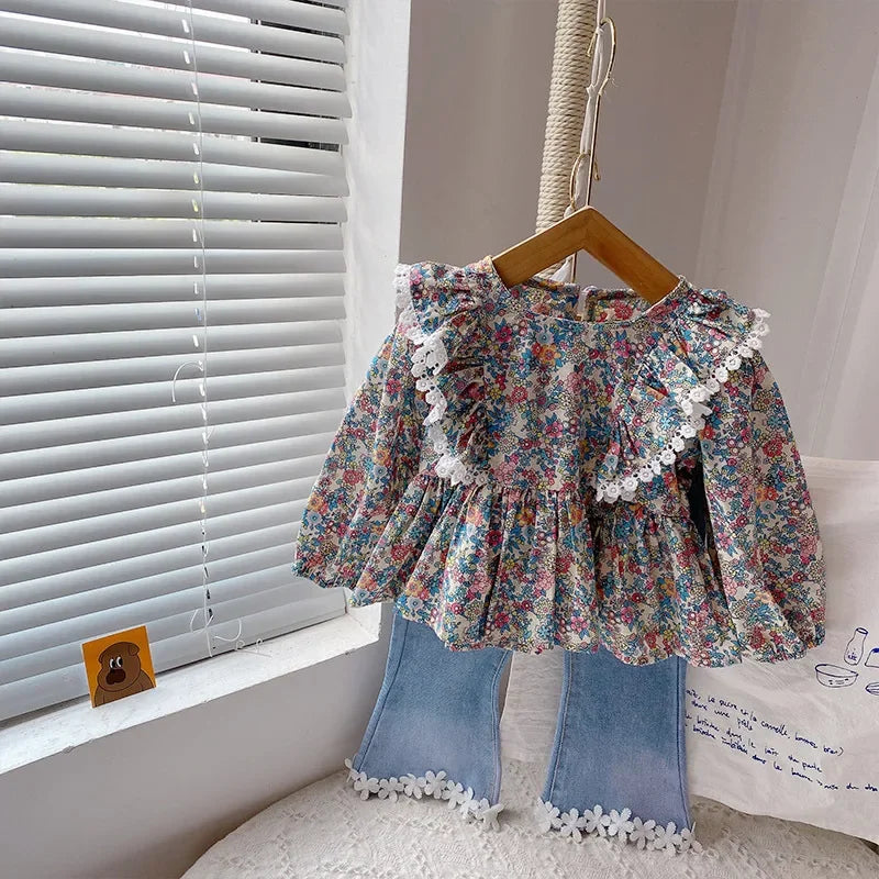 New Girls Clothes Sets Autumn Spring Long Sleeve Shirt+jeans Toddler Girl Clothes Fashion Kids Clothes Girls Suits Children 2pcs