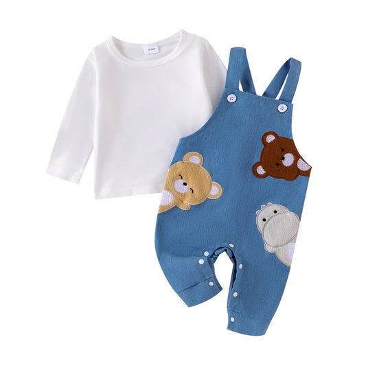 Citgeett Autumn Infant Baby Boys Girls Outfit Long Sleeve T-shirt Embroidery Animals Overall Pants Fall Outfit Clothing Set