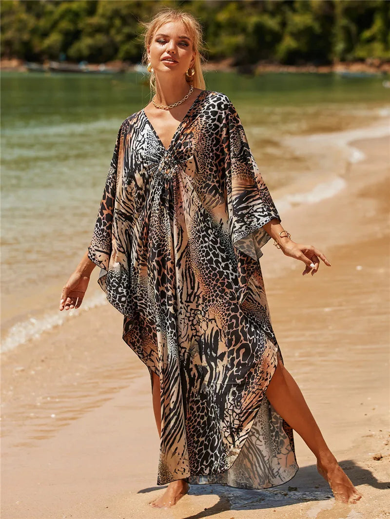 Plus Size Womens Animal Print Kaftan Dresses Caftans Swimwear Coverups Summer Bathing Suit Long Beach Dress