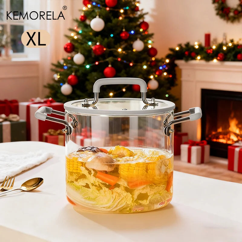 1PCS Glass Saucepan with Lid Multiple Capacity Options Heat-Resistant Glass Cooking Pot Dual Handle Soup Pot Kitchen Cooking