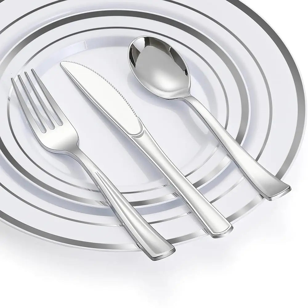 600 Pcs Silver Plastic Dinnerware Set For 100 Guests, Disposable Plastic Plates For Party Wedding Birthday, 100 Dinner Plates,