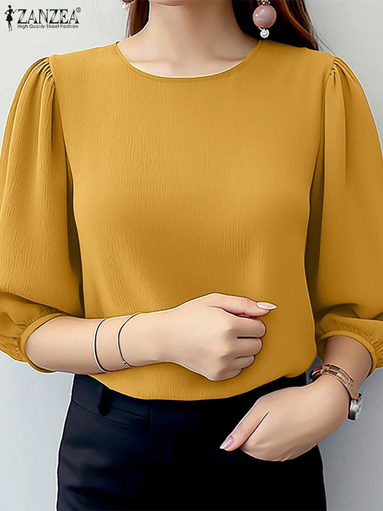 2025 ZANZEA Elegant Office Work Blouse Summer Fashion Shirt Women O Neck 3/4 Sleeve Holiday Blusas Spring Tops Tunic Oversize