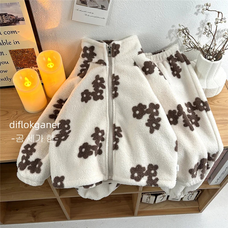 Winter Plush Warms Sets Kids Cartoon Thick Pajama Suits Girls Boys Fleece Long Sleeve Home Wear Outfits Children Clothes 1-10Y