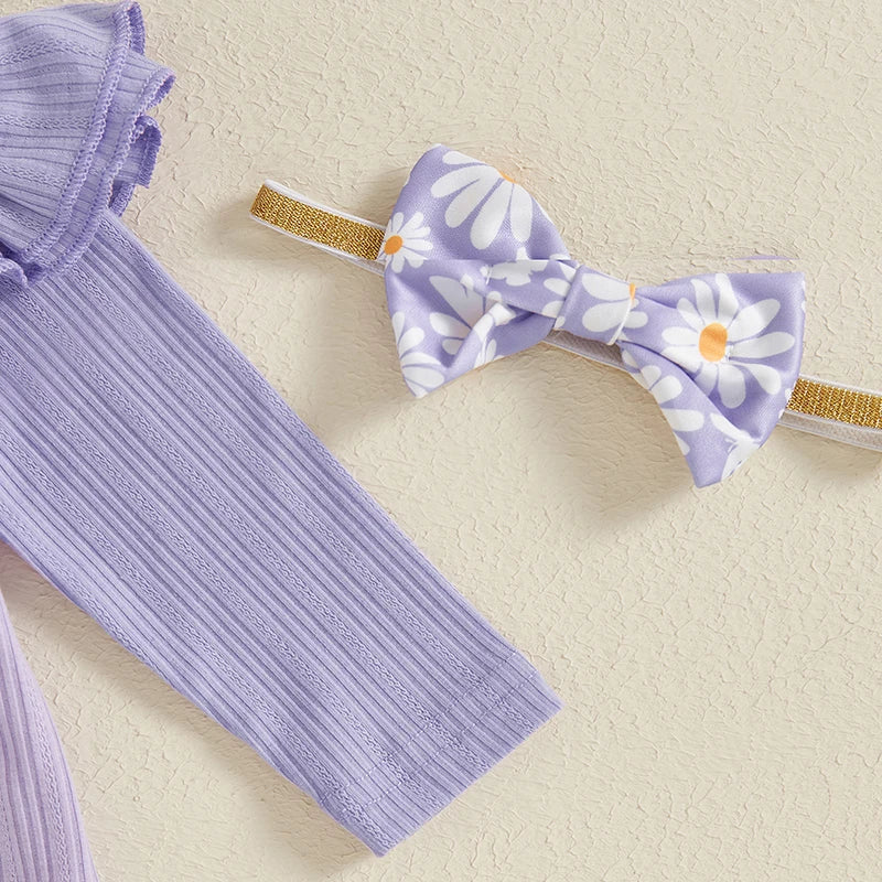 2024-05-23 Lioraitiin Baby Girl 3 Piece Fall Outfit, Long Sleeve Ribbed Romper Daisy Flare Pants Bow Headband