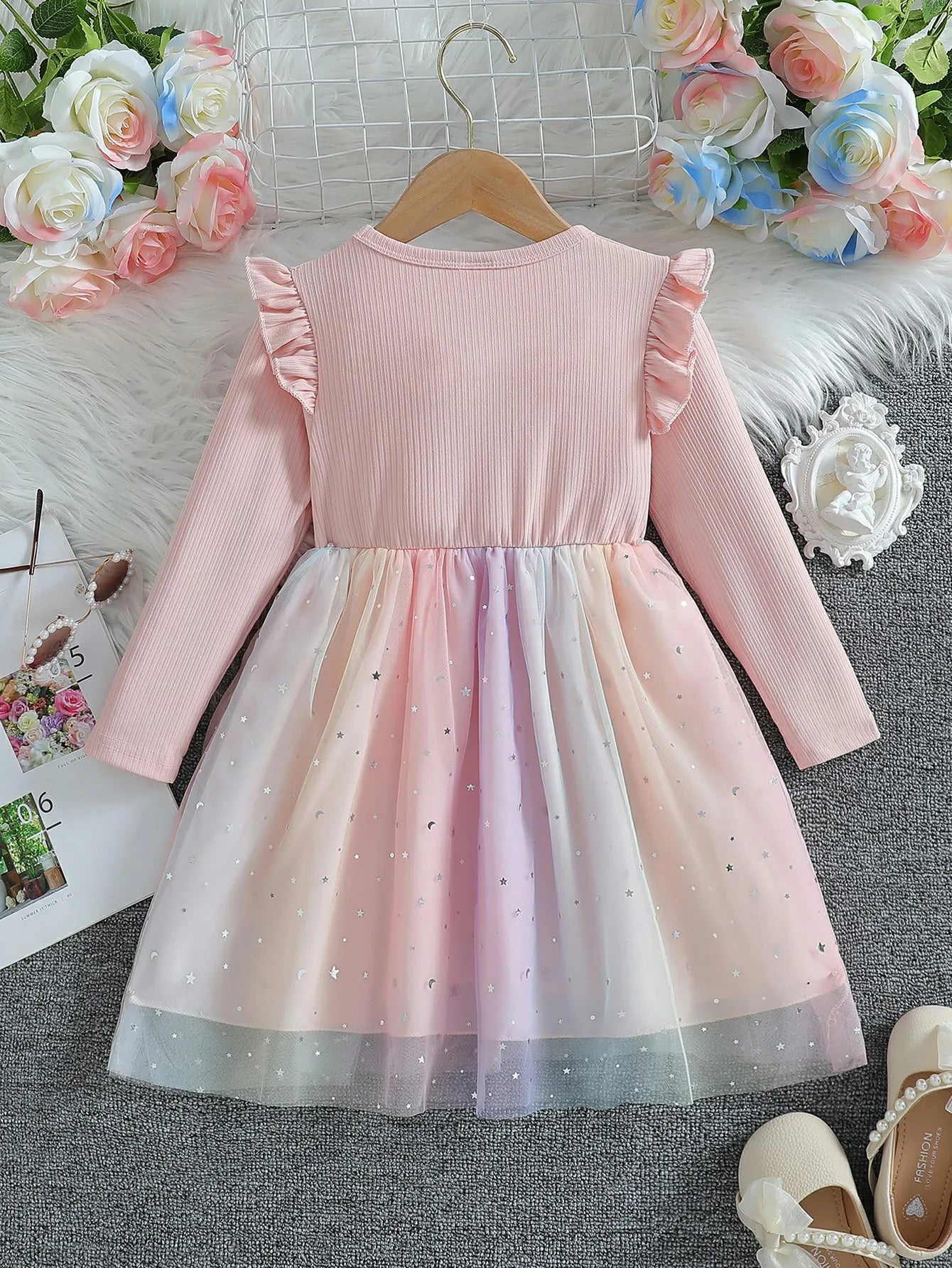 Girl's Long Sleeved Bow Dress 2-8Y Fashion Thin Children's Starry Sky Sequin Mesh Dress Spring Autumn Kid's Clothing