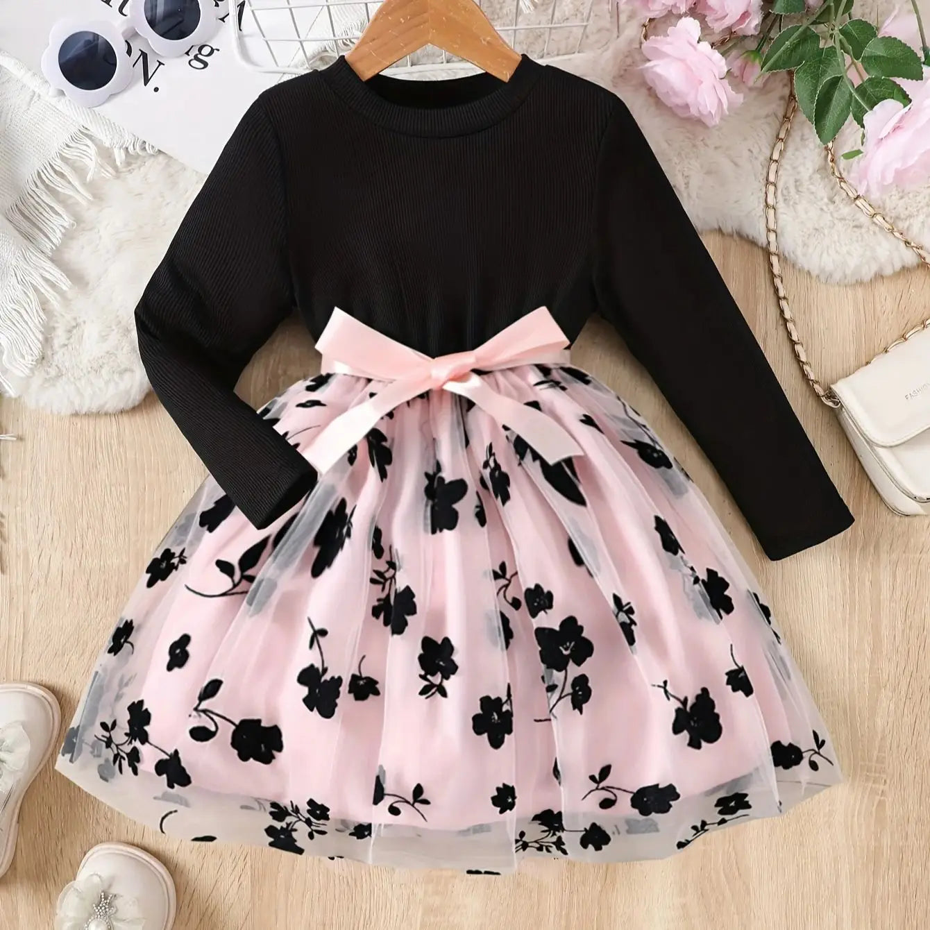 Girls Casual Knitted Pit Strip Round Neck Long Sleeve Flower Craft Mesh Dress Holiday Vacation Party Gift with Satin Ribbon
