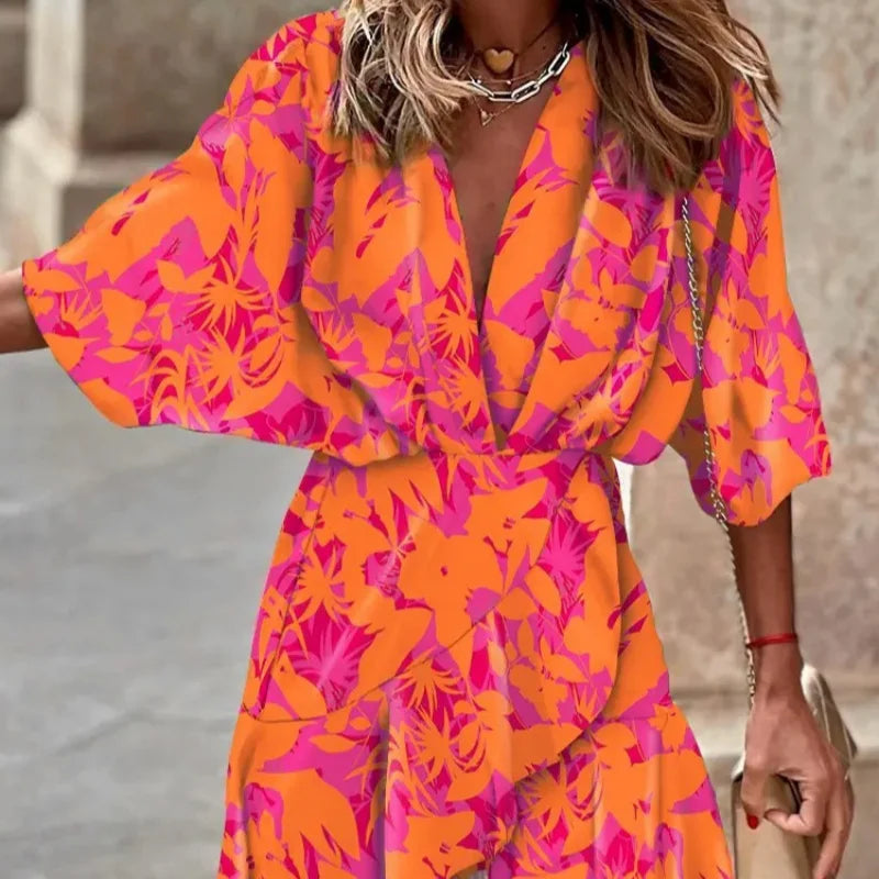 2024 Summer Women Boho Printed Long Shirts Elegant Dress Turn-down Collar Long Sleeve Female Casual Evening Maxi Dresses Party D