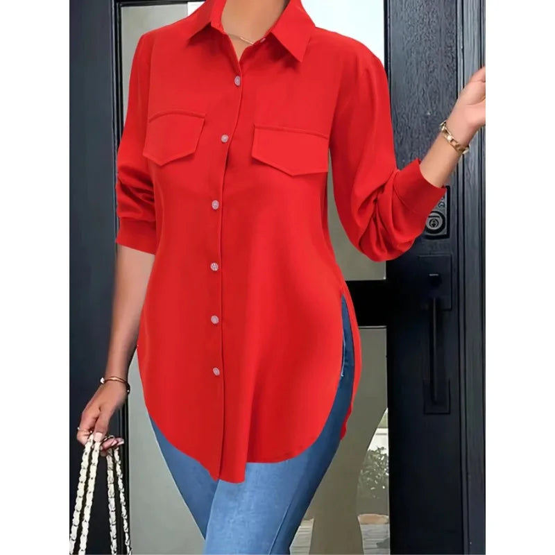 Plus Size  Women's Women's Autumn Fashion Solid Color Single Breasted Lapel Split Long Sleeved Shirt