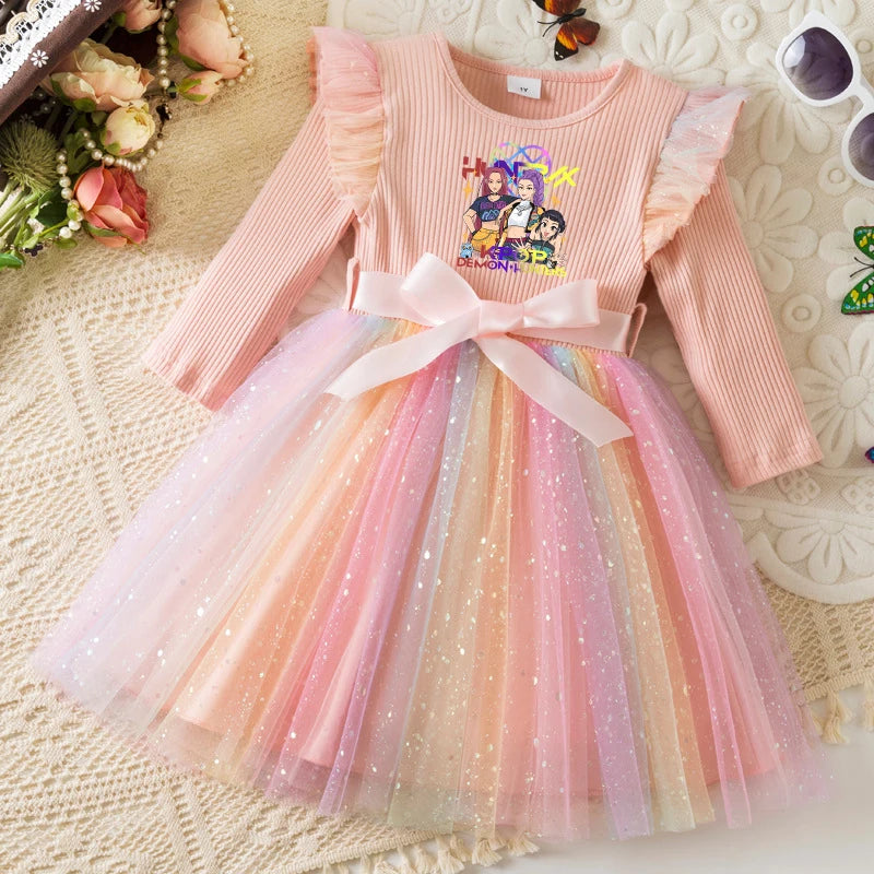 K-Pop Hunters Zoey Mira Rumi Colorful Princess Dress for Kids Girls Casual Long Sleeve Sequin Mesh Dresses Party Gift 1-5Y