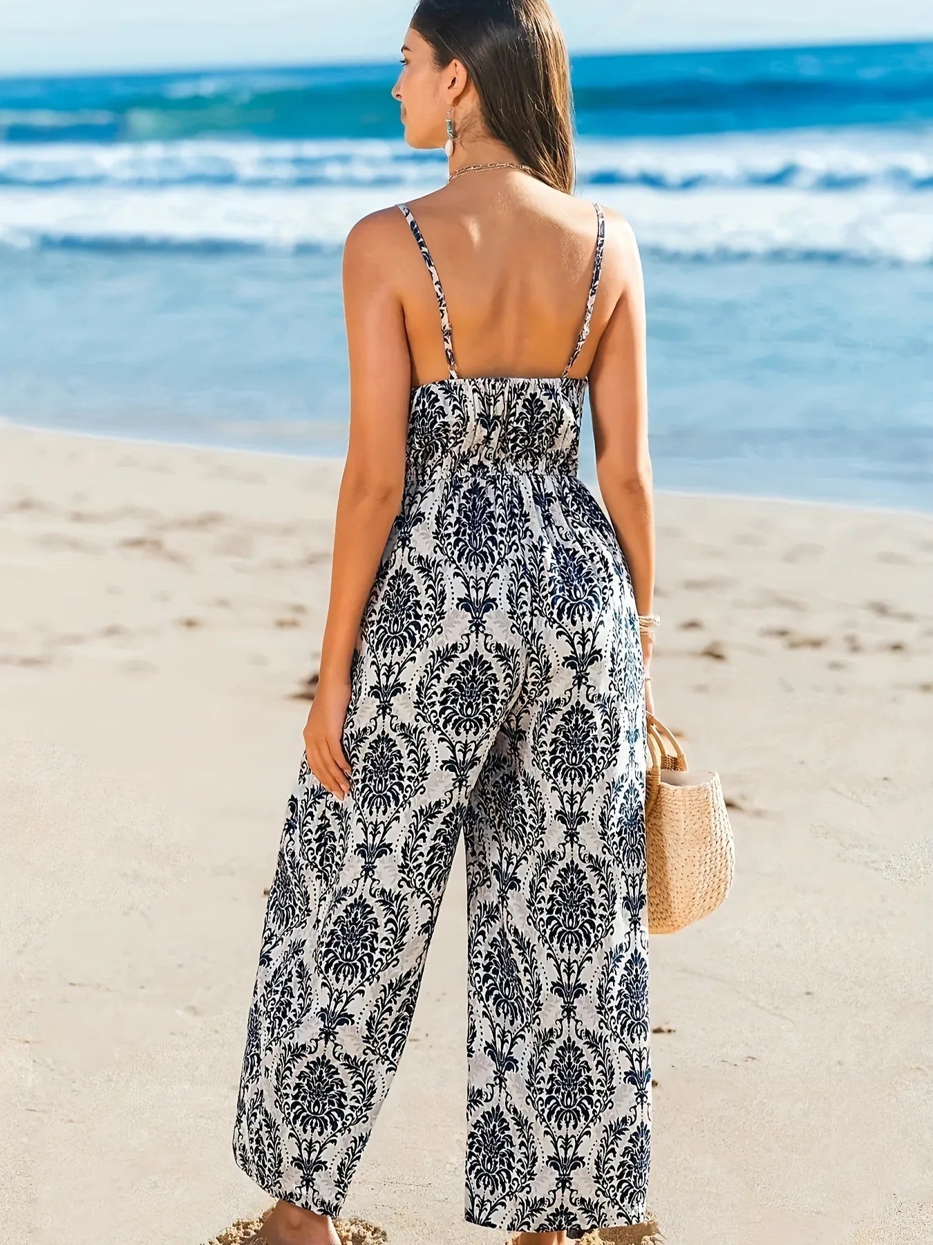 Women's New French-style holiday-inspired printed jumpsuit with a camisole top, perfect for summer beachings