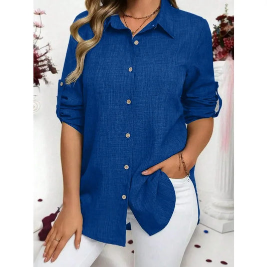 Plus Size 1XL-5XL New Women Casual Long Sleeve Shirt Elegant Solid Lapel Blouse Vintage Tops