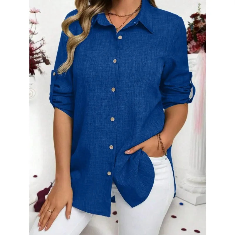 Plus Size 1XL-5XL New Women Casual Long Sleeve Shirt Elegant Solid Lapel Blouse Vintage Tops