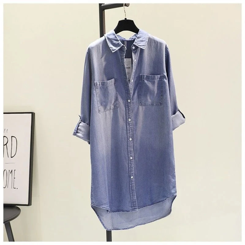 Women's Mid-Length Svel Denim irt Dr Cotton Linen Material Korean Sle Commute Pure Color Other Material 00%