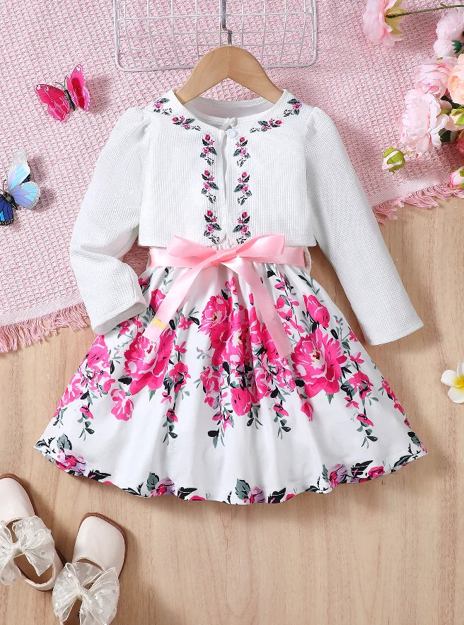 4-7 Years Kids Girls 2PCS Dress Set Solid Knitted Overcoat+Floral Sleeveless Dress with Belt Photography Style Princess Clothing