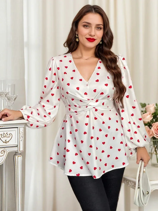 Plus Size New Woman Cute Love Heart Print Top V-neck Popular Versatile Slim Fit Long Sleeve in-Stock Blouse Clothing Resort Wear
