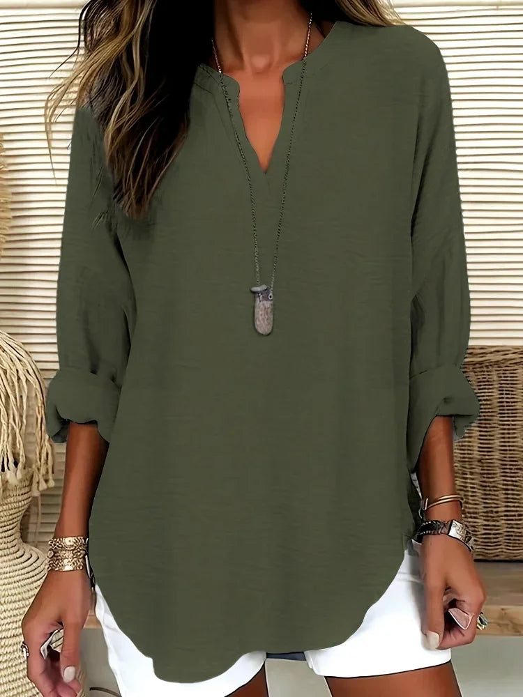 Plus Size 2025 New Casual Tops Women's Loose Long Sleeve Stand Collar T-shirts Polyester Fashion Female Apparel V-neck Clothing
