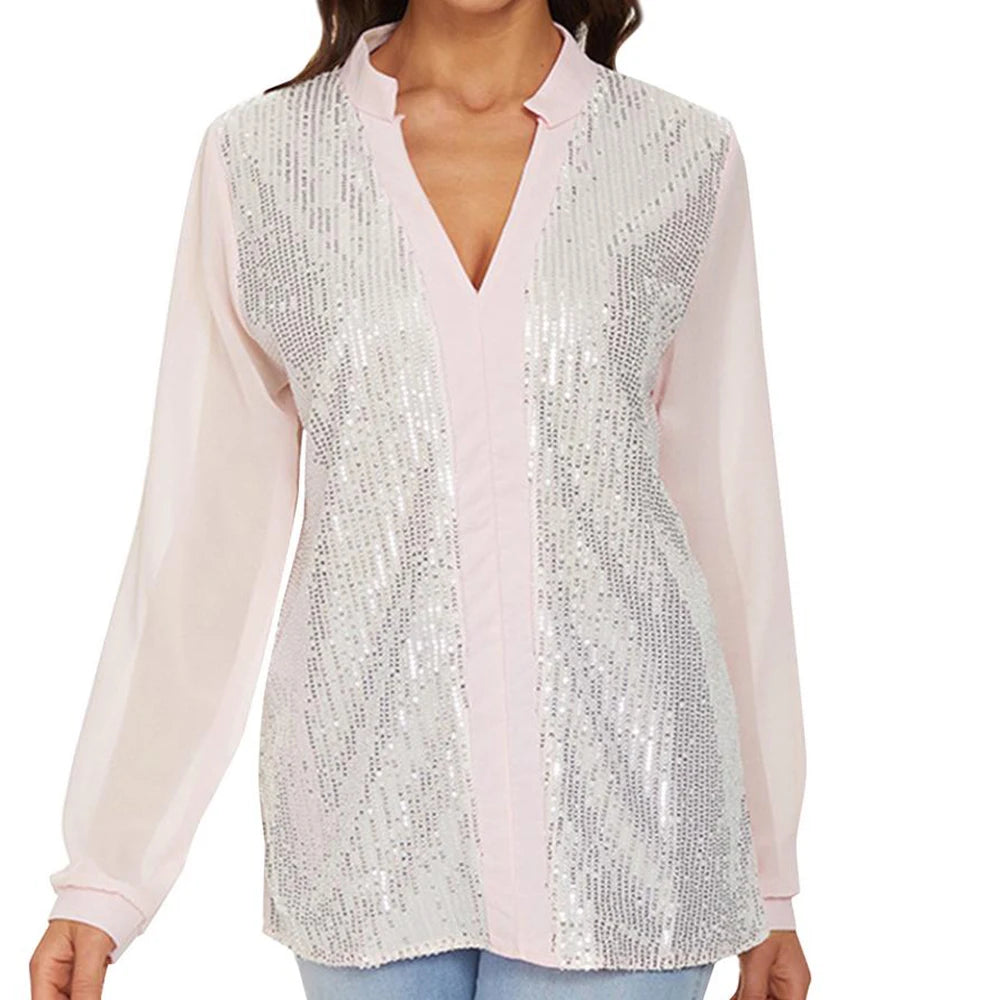 Womens Tops Sequins Blouse Long Sleeve Shirts Shiny Sequined Sweatshirt Patchwork Pullover Tops Loose Comfy Basic Shirt