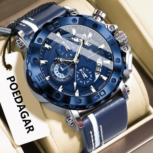 POEDAGAR High Quality Watch For Man Waterproof Luminous Date Fashion Men Clock Chronograph Leather Quartz Men's Watches Male+Box