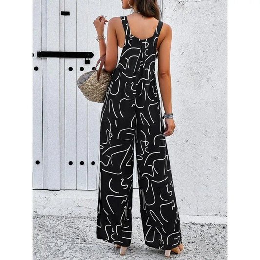 Plus Size Women's New Fashion Button Sexy Sleeveless Suspender Temperament Printed Casual Belt Pocket Jumpsuit